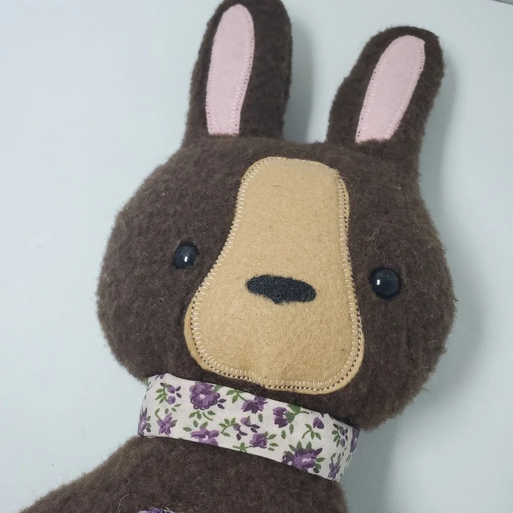 Brown Plush‎ Bunny Rabbit Stuffed Animal VTG Floral Patchwork Accent Handmade